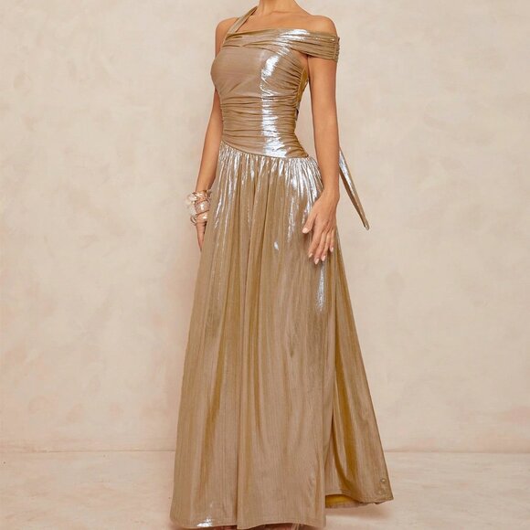 Gold Preppy Women's Asymmetrical Backless Metallic Maxi Dress - Picture 4 of 7